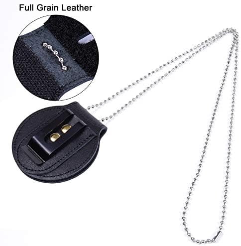 Quivanta Police Badge Holder,Cowhide Leather Universal Police Badge Holder Pocket Case with Mn-Steel Belt Clip, Hook and Loop Closure and Stainless Bead Chain Necklace- Circle Shape