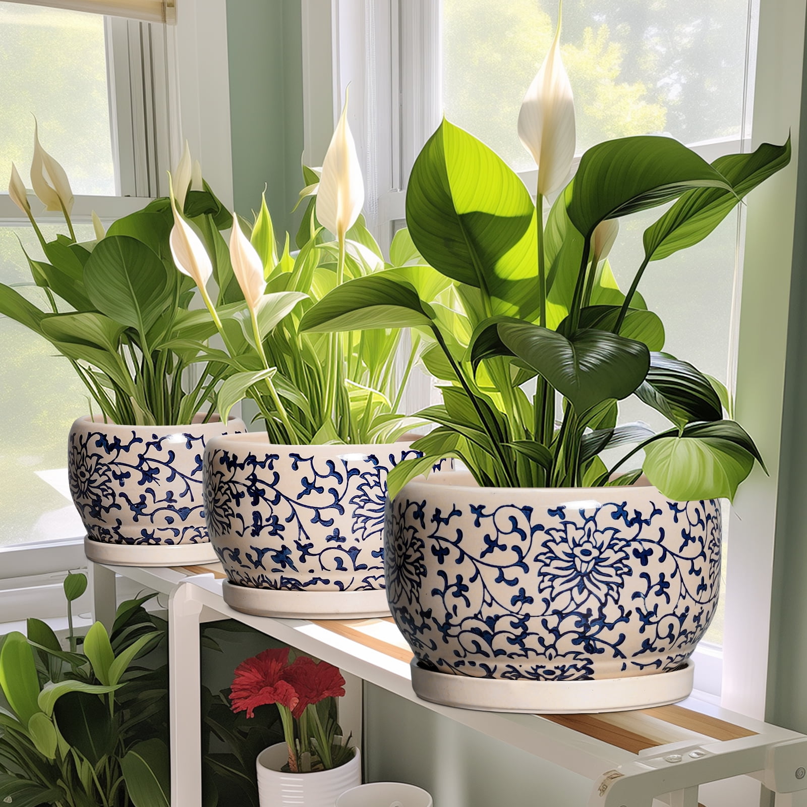 6 inch Pots for Plants, Round Ceramic Planter with Drainage, Modern Pot for Indoor & Outdoor Use, for Cheerful Patio Decor, Blue and Beige