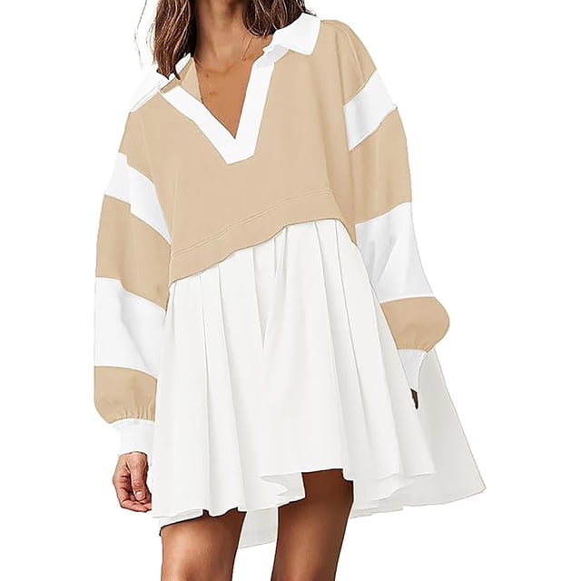 Lovzfmll Robe Décontractée Surdimensionnée pour Femmes, Robe Patchwork d'Automne à Manches Longues, Col à Revers Plissé, Mini Robe Kaki, TG