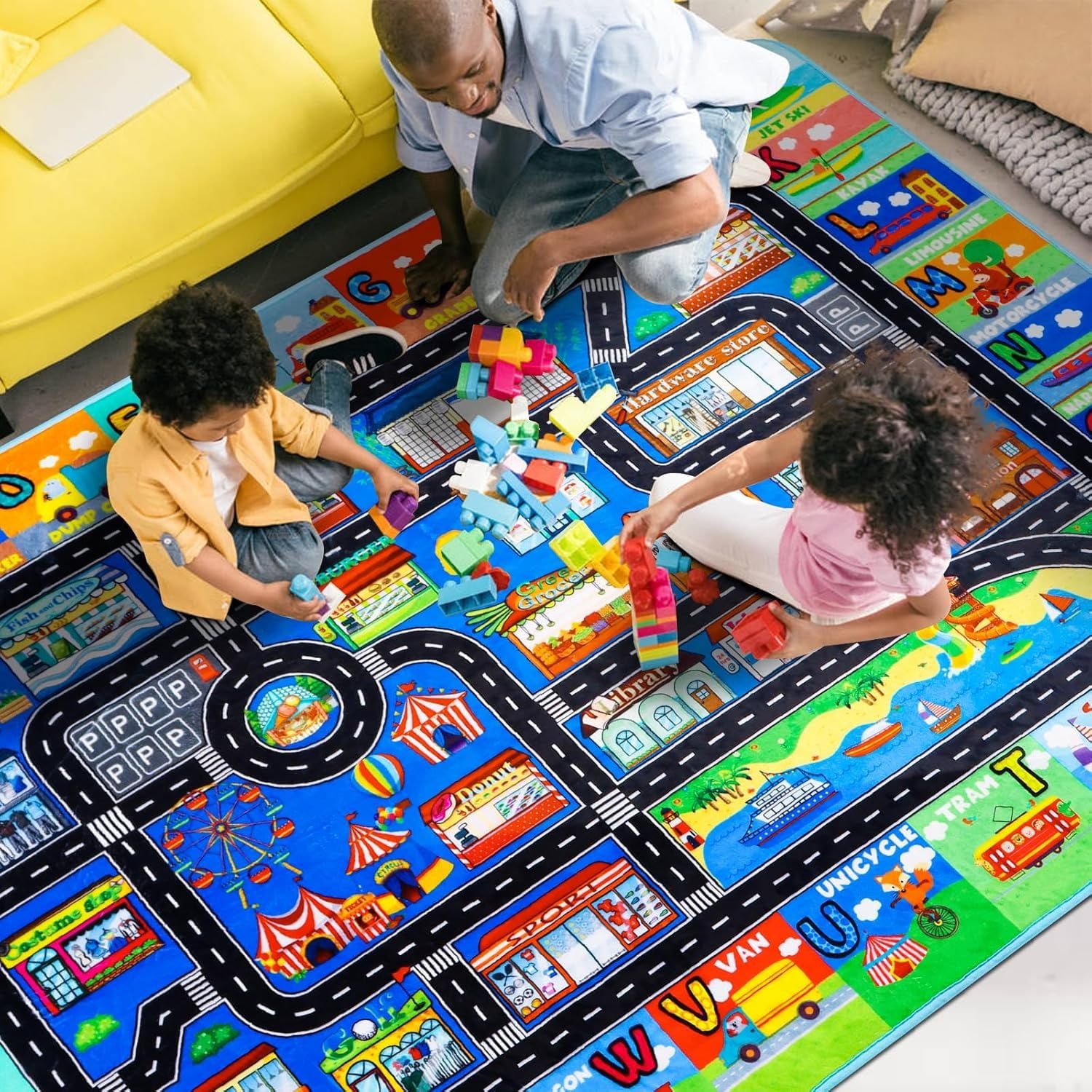 ABC Transportation Kids Rugs 59"×39.4" Animals Play Mat for Toy Cars Playroom