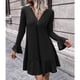 thumbnail image 4 of Vestido con cuello en V para mujer Vestido de color puro con volantes Vestido elegante con botones en la parte delantera Vestido de manga larga Negro M, 4 of 7