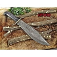 thumbnail image 2 of 15" Long hand forged Damascus steel Hunting Bowie Knife, 2 tone Black Dollar wood with Brass finger guard, Cow Hide Leather sheath with belt loop, 2 of 5