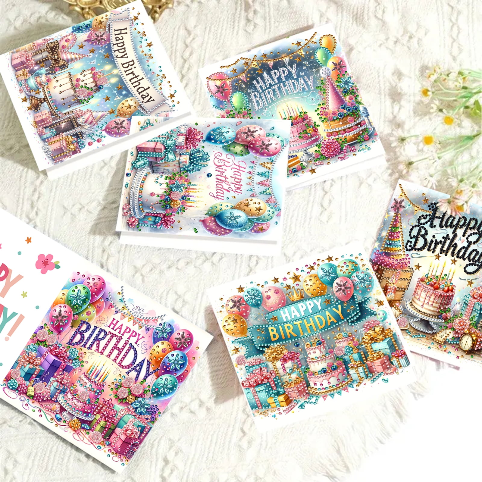 FLOPESN 6Pcs DIY Folding Greeting Card Diamond Art Painting Creative Design Blessing Card Set for Birthday Crafts Gift-Birthday Party