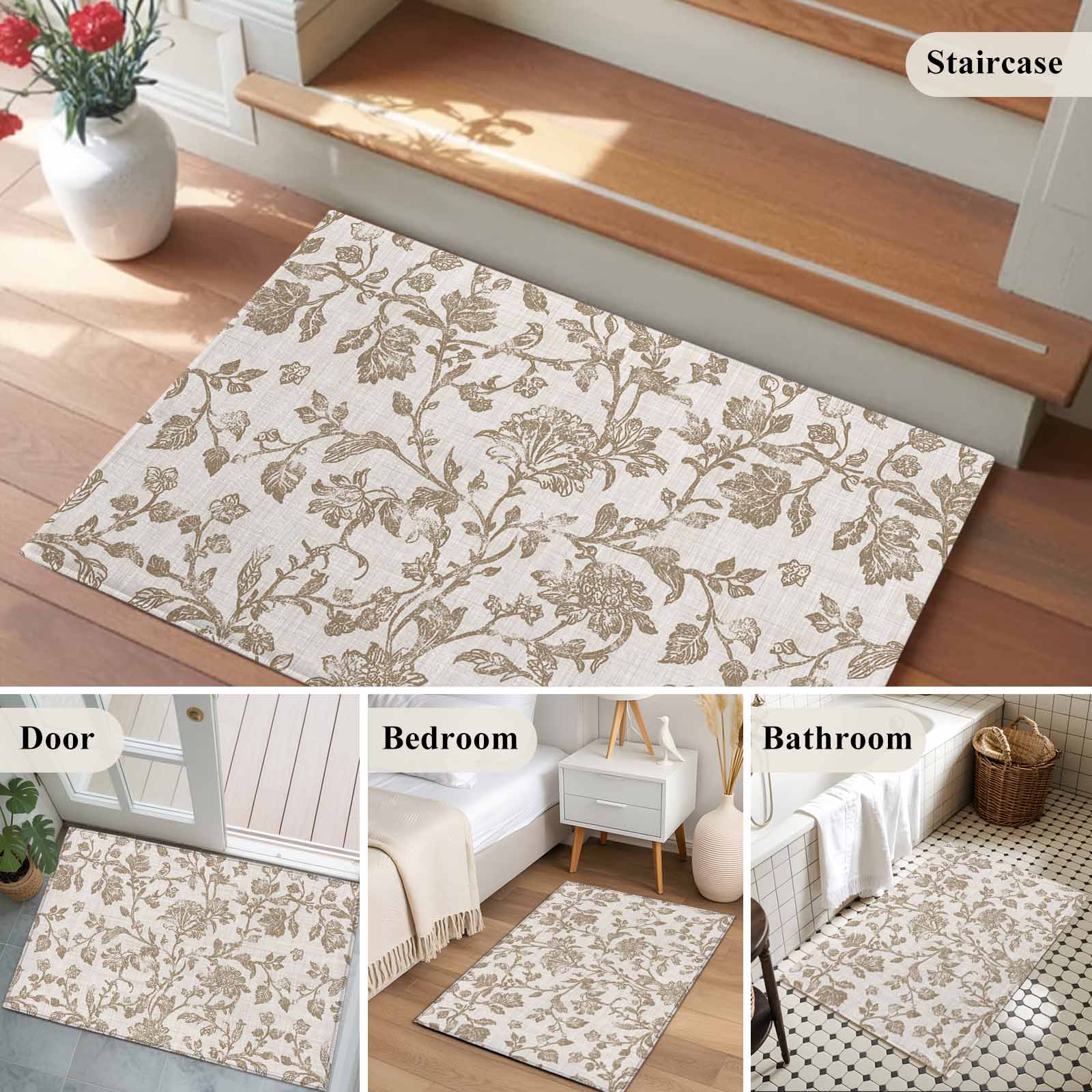 Farmhouse Khaki Bathroom Mat 2x3 FT, Non Slip Small Kitchen Mat, Vintage Flower Leaf Botanical Plant Washable Soft Backed Front Door Throw Rug Non-Shedding Indoor Outdoor Doormat for Entryway Sink