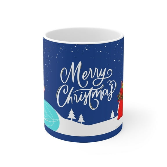 Holidays, Merry Christmas, Santa & Reindeer, Elf Blue Ceramic Mug 11oz