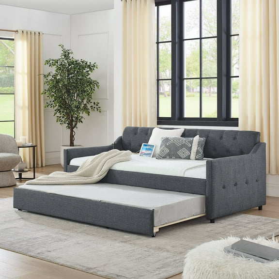 Living Room Daybed Twin Size Upholstery DayBed with Twin Size Erectable Trundle and USB Charging Design, Linen Dark Gray,Sofa Daybed
