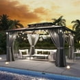 thumbnail image 3 of Aoxun 12'x14' Hardtop Gazebo, Aluminum Frame Permanent Pavilion with Curtains and Netting, Outdoor Polycarbonate Double Roof Canopy, Designed for Garden, Lawns, Patio, Gray, 3 of 7