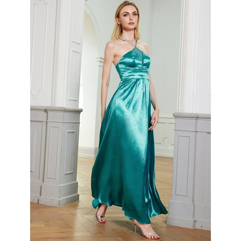 satin a line dress with strappy lace up back V-Neck Arak Dress with 3/4 Sleeve and Spiral Hem – Catherine Regehr main image 1