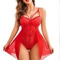 thumbnail image 2 of Puntoco Women Lingerie V Neck Babydoll Dress Lace Chemise Sleepwear Mesh Nightgown with Thong Red L(L), 2 of 3