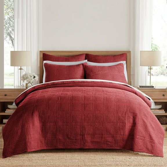 Levtex Home - Cloud Waffle Quilt Set - Twin Quilt and One Standard Sham - Waffle Textured - Red - Quilt (68x86in.) and Sham (20x26in.) - Reversible - Cotton