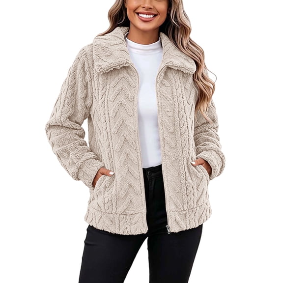 UPPADA Women's Zip up Faux Sherpa Jackets Long Sleeve Lapel Collar Jacket Soft Plush Fuzzy Fleece Outerwear Loose Fit Warm Coat with Pockets L