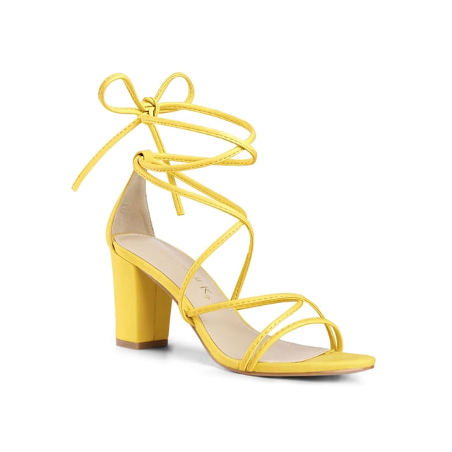 BLISSFUL STEP Chaussures pour Femmes à Bout Ouvert à Lacets Talon Bloc Sandales à Brides Jaune 9
