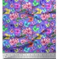 thumbnail image 1 of Soimoi Purple Modal Satin Fabric Leaves,Pink Flower & Butterfly Printed Craft Fabric by The Yard 42 Inch Wide, 1 of 1