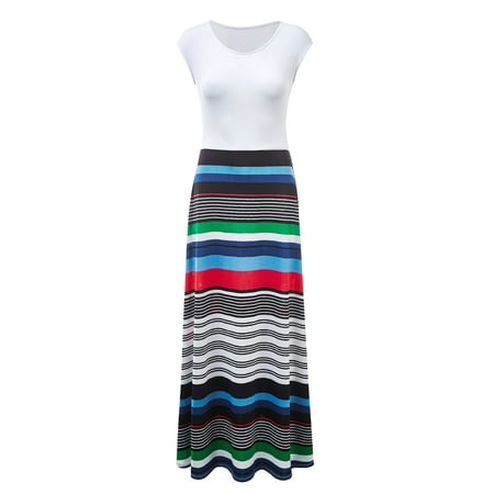 - WDR1389 Womens Print Contrast Sleeveless Empire Line Maxi Dress XXXL BLACK_STRIPE