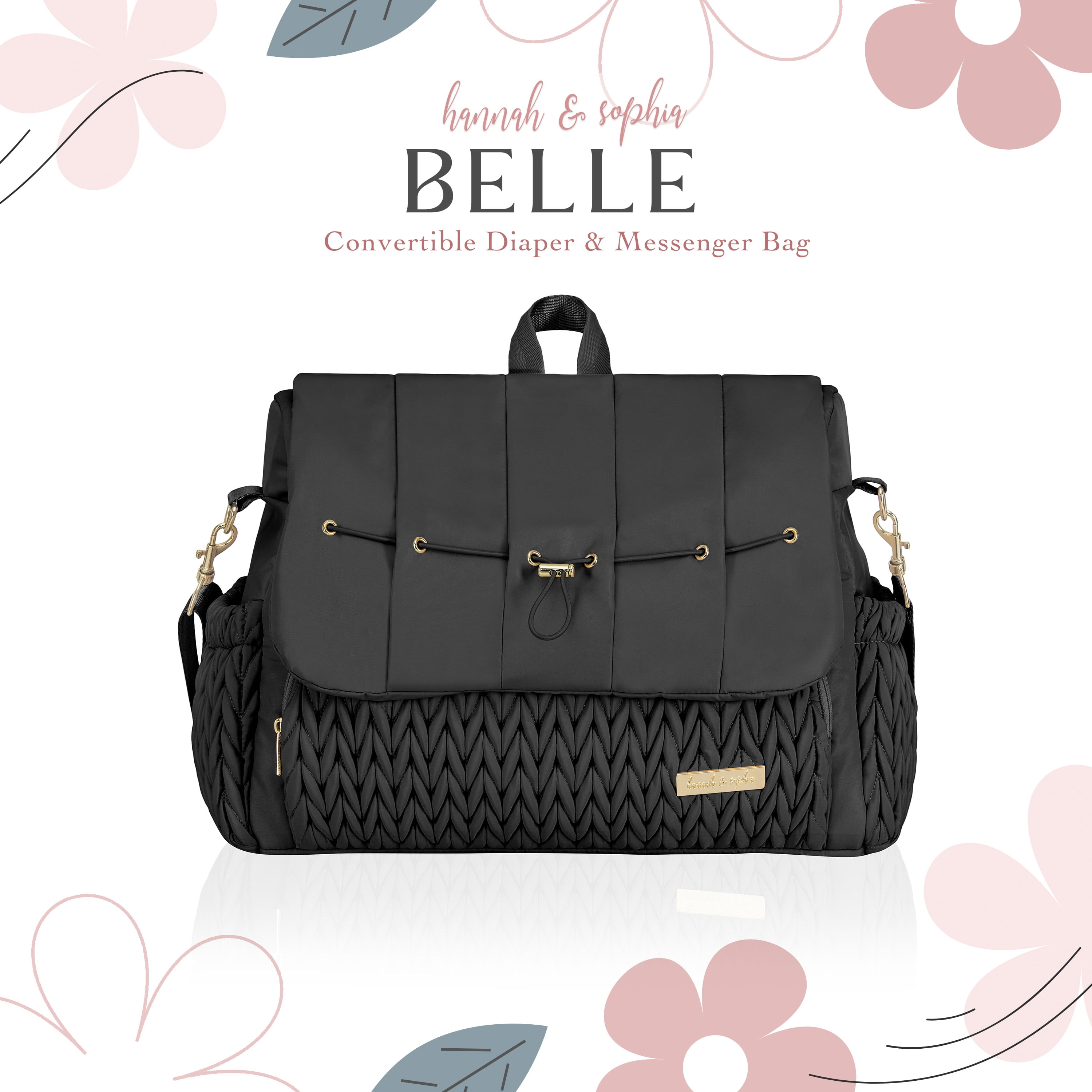 Hannah & Sophia Belle Convertible Diaper Backpack & Messenger Bag – Stylish Everyday Parent Bag, Black Orchid