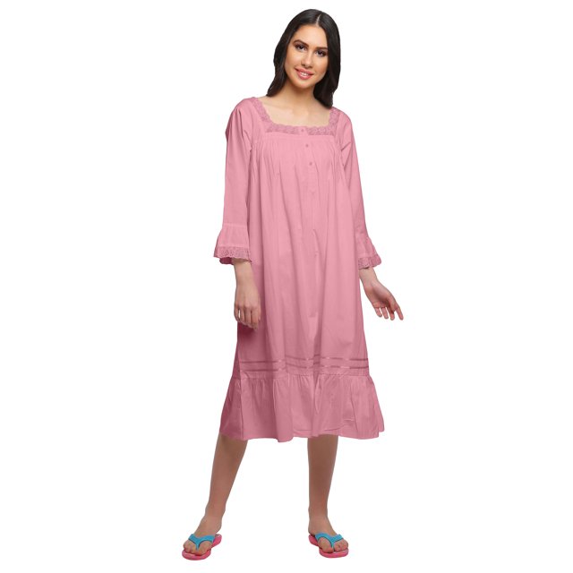Moomaya Robe de Nuit en Coton à Manches Longues et Encolure Carrée Unie pour Femmes