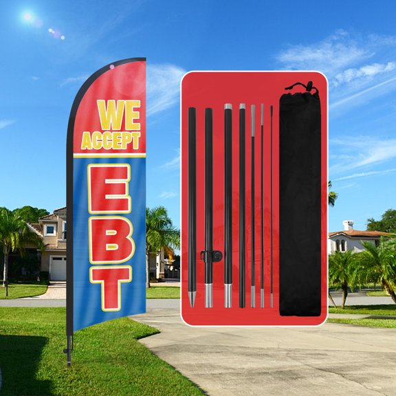 QSUM We Accept EBT Feather Flag with Flag Pole Kit and Ground Spike, 8.2FT We Accept EBT Windless Flag Banner Sign Business for Outdoor Advertising Sign Decoration Display