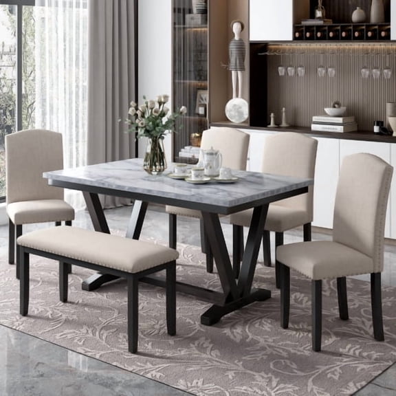 6-Piece Modern Dining Table Set with 4 Upholstered Chairs and Bench, Marbled Veneer Tabletop with V-Shaped Legs for Dining Room, White