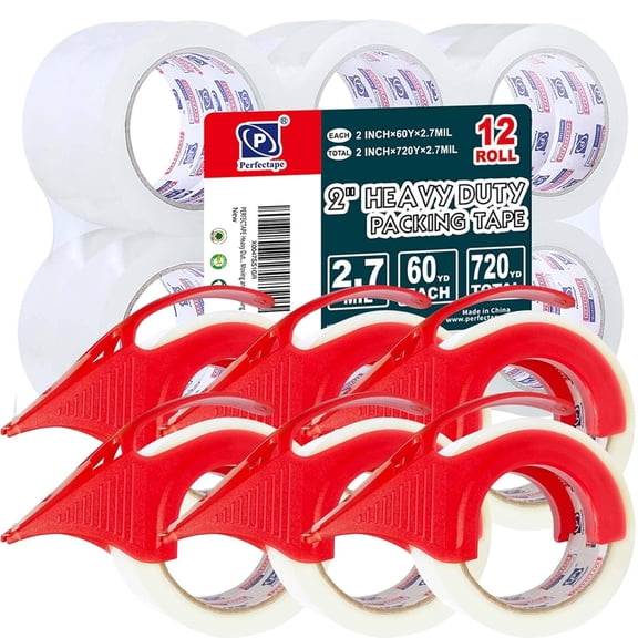 PERFECTAPE Heavy Duty Packing Tape 12 Rolls with 6 Dispensers, Clear, 2.7 mil, Ultra Adhesive, 1.88" x 60 Yards, Refill for Packaging, Moving and Shipping