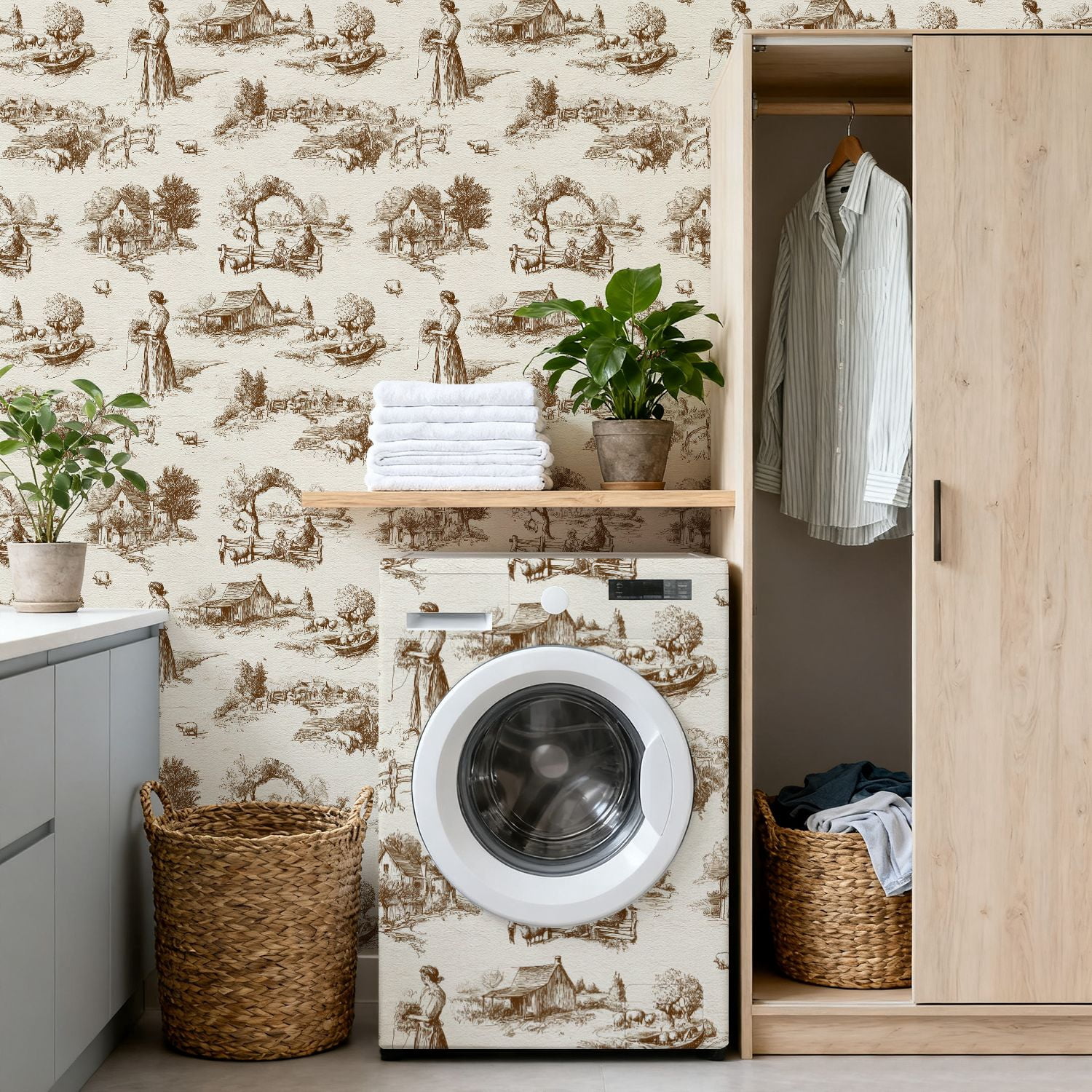 Peel and Stick Wallpaper Pastoral Countryside Toile Farmhouses Sheep River Wall Mural 17.7in x 9.8ft Self Adhesive Removable Wall Paper Renter Friendly Wallpaper for Nursery Bedroom Cabinets