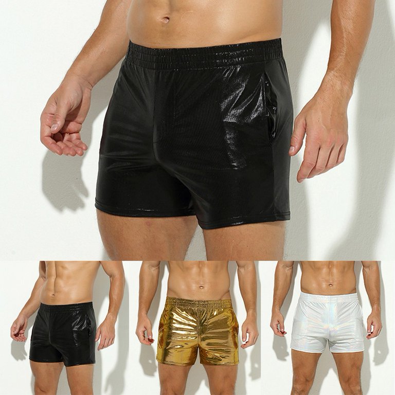 Men Wet Look Faux Leather Shorts Pouch Boxer Briefs Clubwear