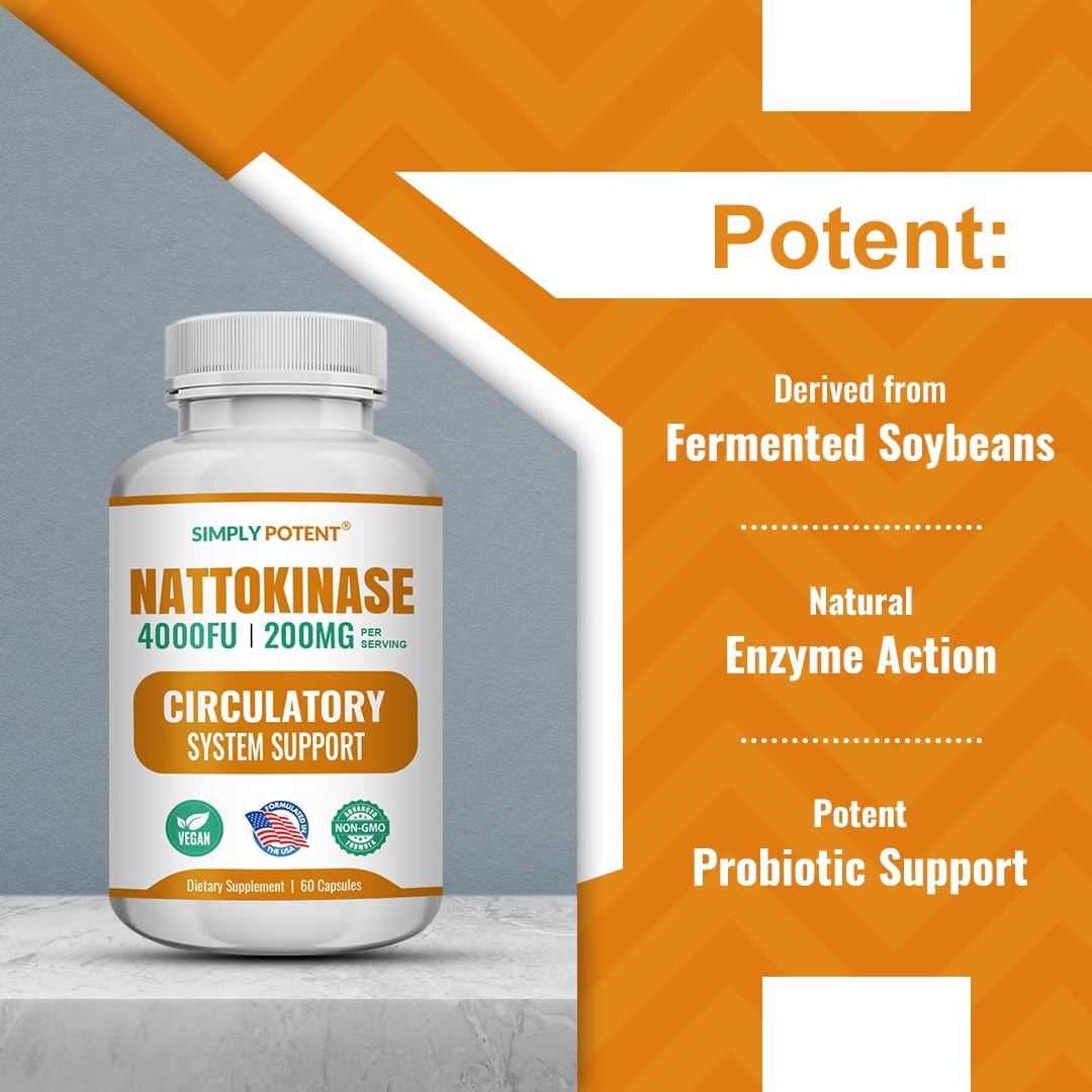 Simply Potents Nattokinase 4000 FU Capsules for Heart Circulation Blood Vascular Support Antioxidant Fibrinolytic 60