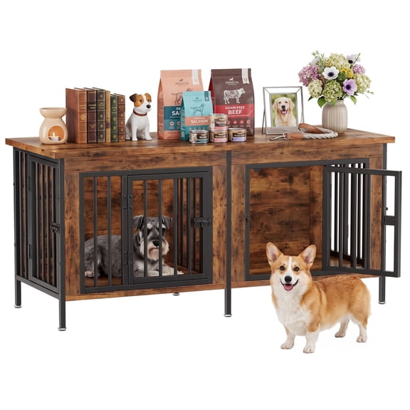 Gianna 54" Double Dog Crate Furniture for 2 Dogs, Heavy Duty Kennel with Removable Divider, End Table & TV Stand Combo, Rust Brown