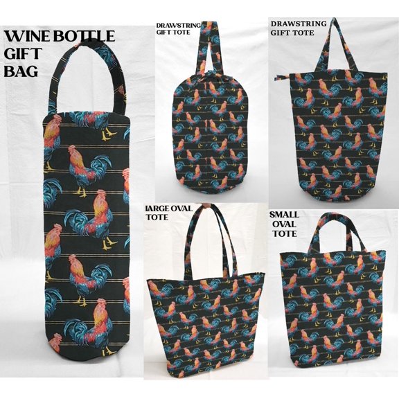 Roosters Reusable Fabric Gift Bags and/or Tote Bags (Drawstring Tote) Black