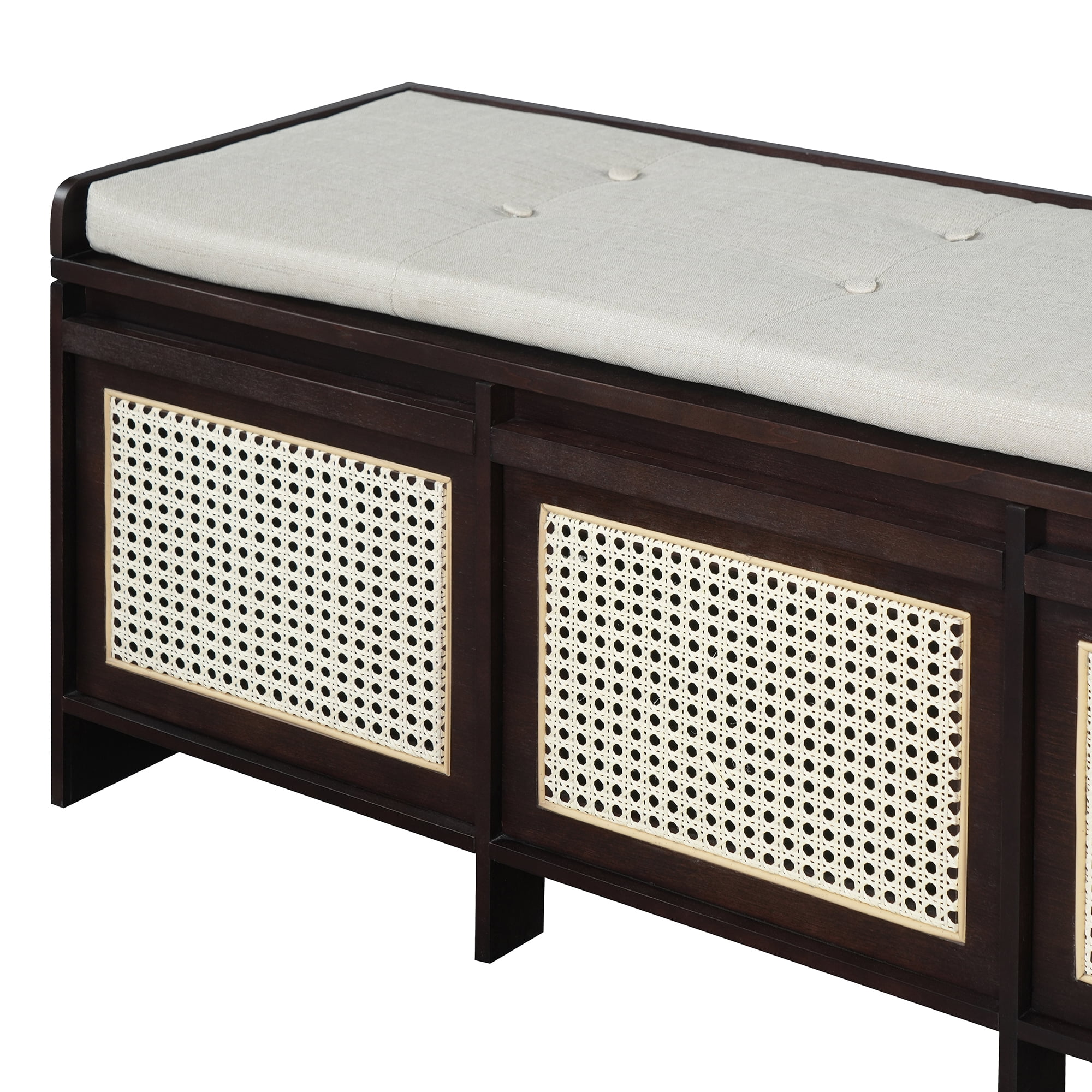 Shoe Bench 48 Inch Entryway Storage Bench with Rattan Drawers and Tufted Cushion, Hallway Seating and Shoe Rack Organizer for Living Room Foyer, Espresso