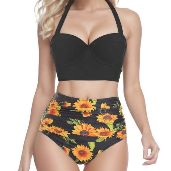 Swimsuit for Women Push Up Halter Bikini Printed High Waisted Bathing Suit,Black,L