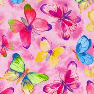 Half-Yard 100% Cotton Colorful Butterfly, Pink, 44" Wide for Quilting & Sewing by David Textiles