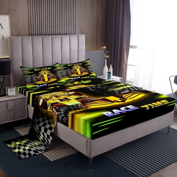 Erosebridal Racing Car Sheet Set Twin,Geometric Plaid Bedding Sets Twin Size,Yellow Green Twin Sheet Sets,Super Cozy Sport Bedroom Decorative,3pcs