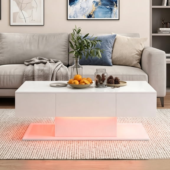 LIVIZA 43.5" High Glossy LED Coffee Table with 2 Sliding Storage Drawers, Modern Rectangle Center Table for Living Room,White