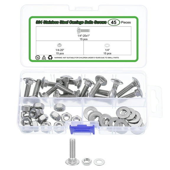 15 Set Carriage Bolts and Nuts Kit, 1/4"-20x1" Stainless Steel 304 Round Head Square Neck Carriage Bolts Screws and Hex Nuts and Flat Washers - Silver