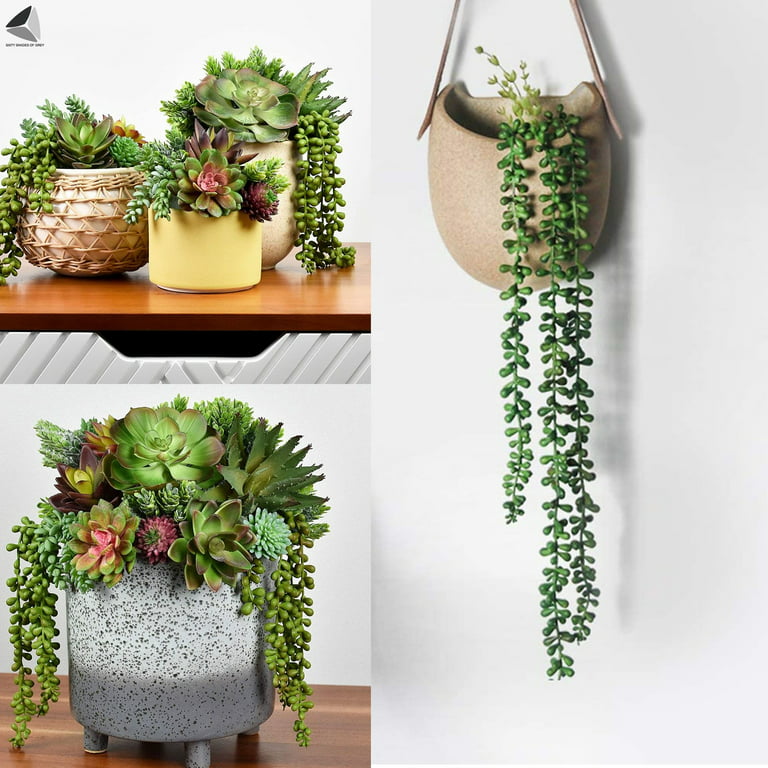 Artificial Succulents Hanging Plants, Fake String of Pearls Plants in White Ceramic, Set of 2, Size: 3.9, Beige