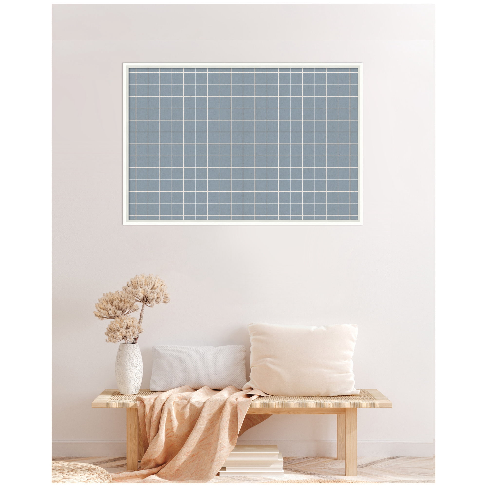 Kate and Laurel Framed Fabric Pinboard 37 x 25, Light Blue Plaid Printed Linen Modern Bulletin Board for Use as a Vision Board or Wall Organization, Lucie White Frame