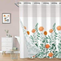 Mizhona Shower Curtain with Snap in Liner,Orange Floral No Hook Fabric Bath Curtain,71"x74"
