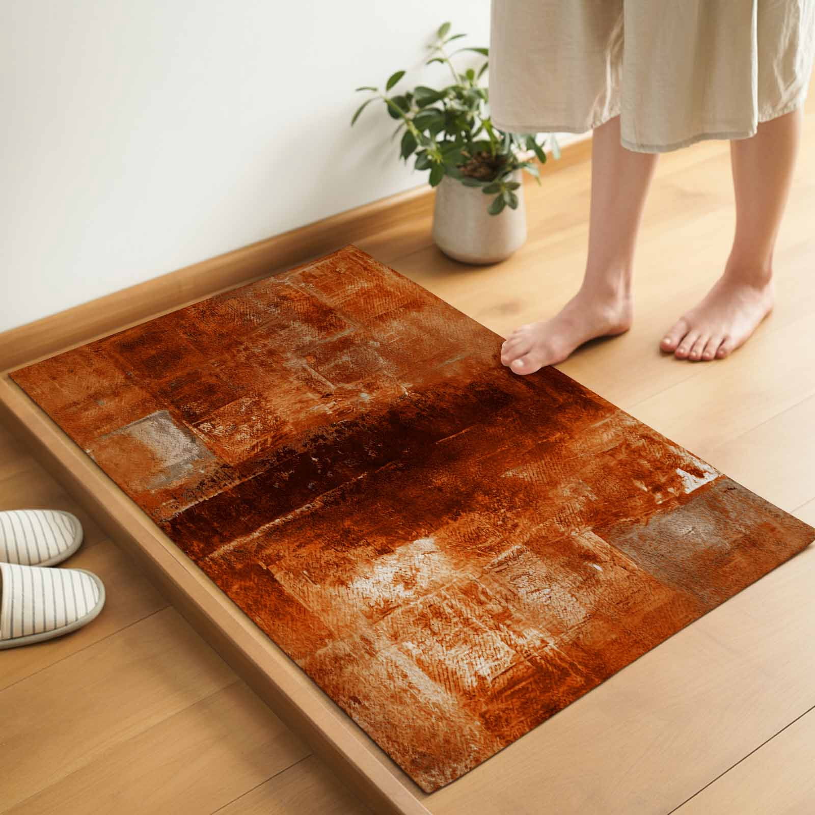 Burnt Orange Indoor Door Mat - 20"x31.5", Non-Slip Welcome Mat for Outdoor, Oil Painting Modern Abstract Art Vintage Front Doormat for Entry, Low-Profile Doormat Entrance Rug for Kitchen/Bathroom