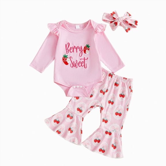 TOWED22 Baby Girl Fall Winter Outfits 3-Piece Clothing Set Long Sleeve Crew Neck Cute Romper Bodysuit Bell Bottom Pants Headband Clothes Set(Pink,0-3 M)