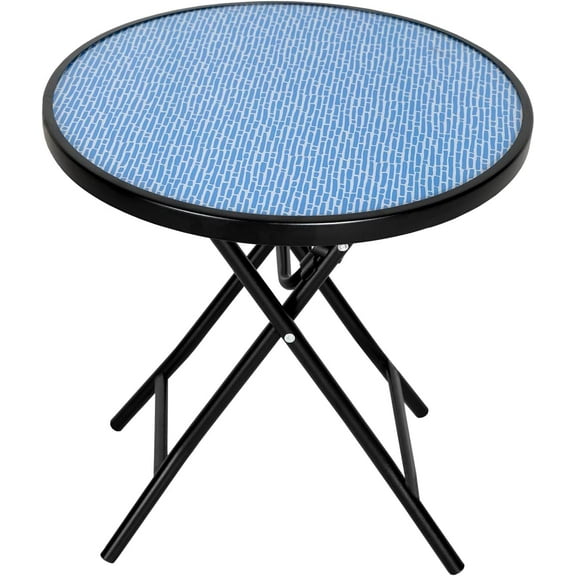 Bistro Table,18" Round Folding Side Table with Tempered Glass ,Small End Table for Outdoor Indoor Yard Garden Balcony Coffee,Blue