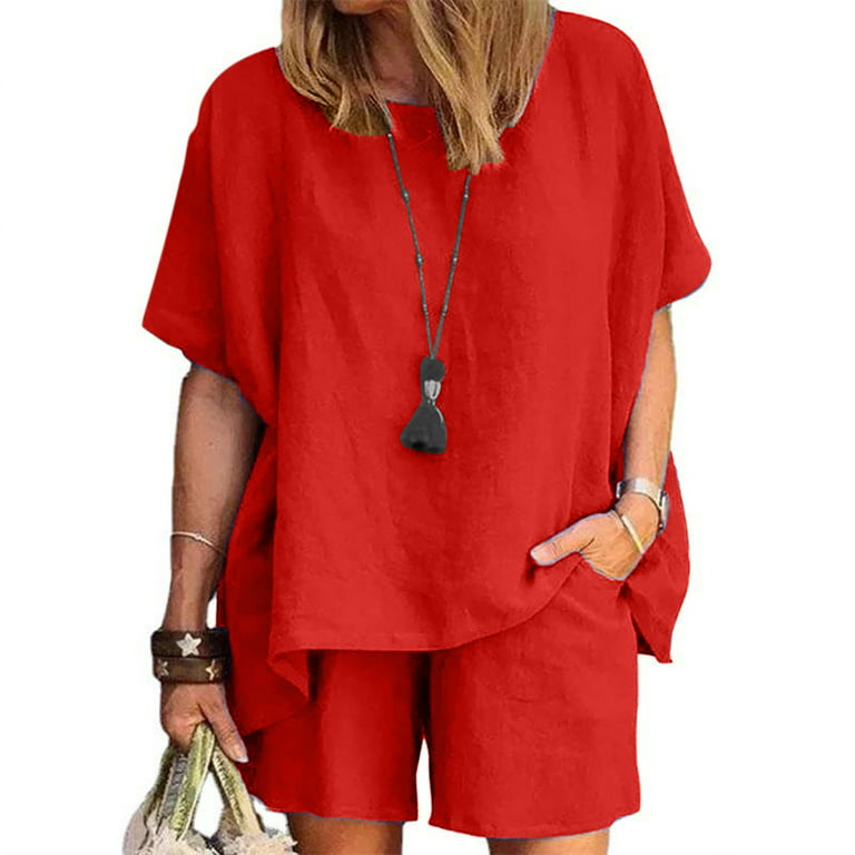 REORIAFEE Outfits for Women Plus Size Summer Set Women Casual Summer Round  Neck Short Sleeve Tops Shorts Two Pieces Set Suit Red XL 