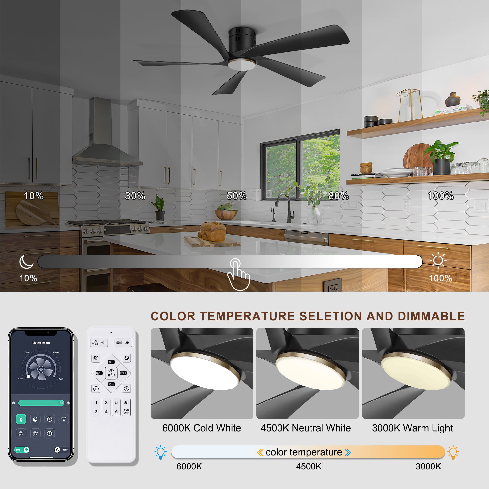 Ohniyou 52" Low Profile Ceiling Fan with Lights and Remote & APP Control Modern Flush Mount Indoor Outdoor Ceiling Fans, Dimmable, Silent DC Motor, Reversible, Black
