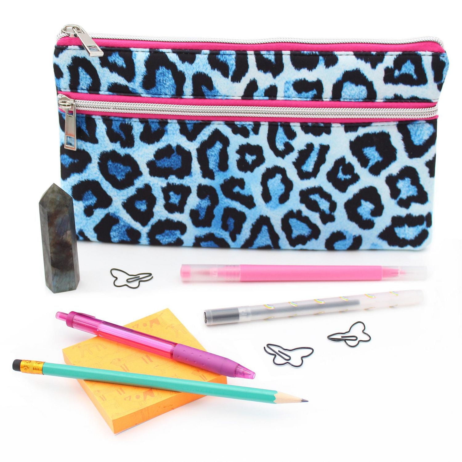Pen+Gear Leopard Print Pencil Pouch in Blue with 2 Zip Compartments