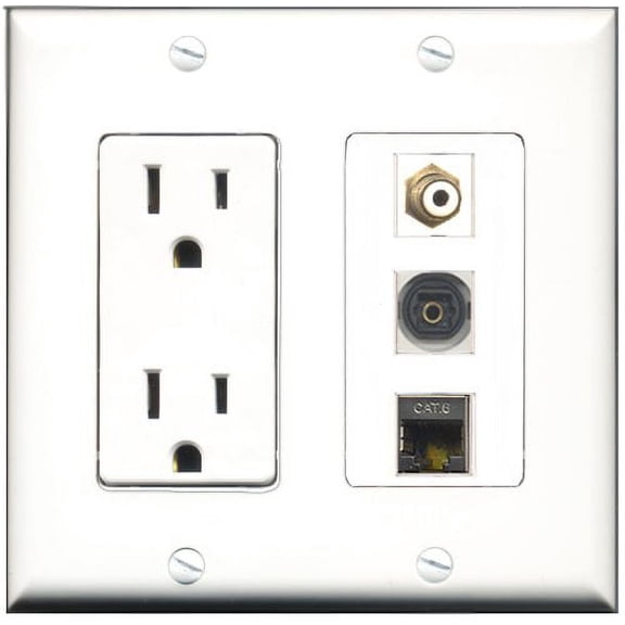 RiteAV - 15 Amp Power Outlet 1 Port RCA White 1 Port Shielded Cat6 Ethernet Ethernet 1 Port Toslink Decorative Wall Plate
