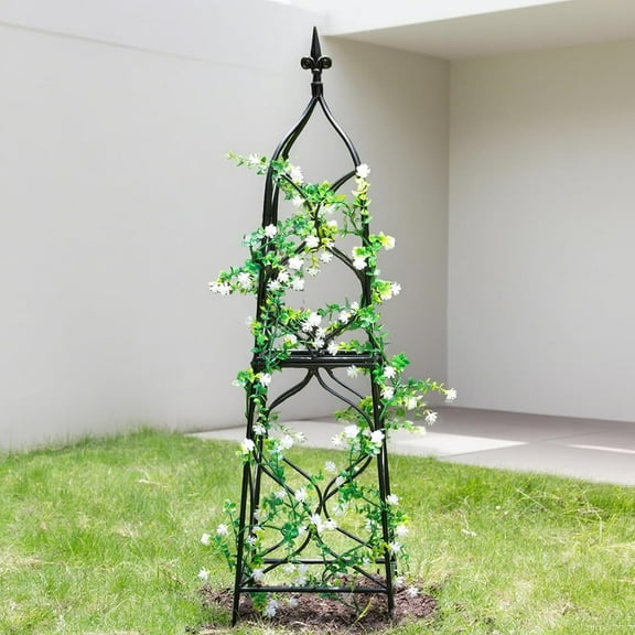 Obelisk Trellis for Garden - 38.3" x 10.03" Durable Metal Climbing Support for Roses, Vines & Flowers | Elegant Black Design with Decorative Top & Hollow Sides