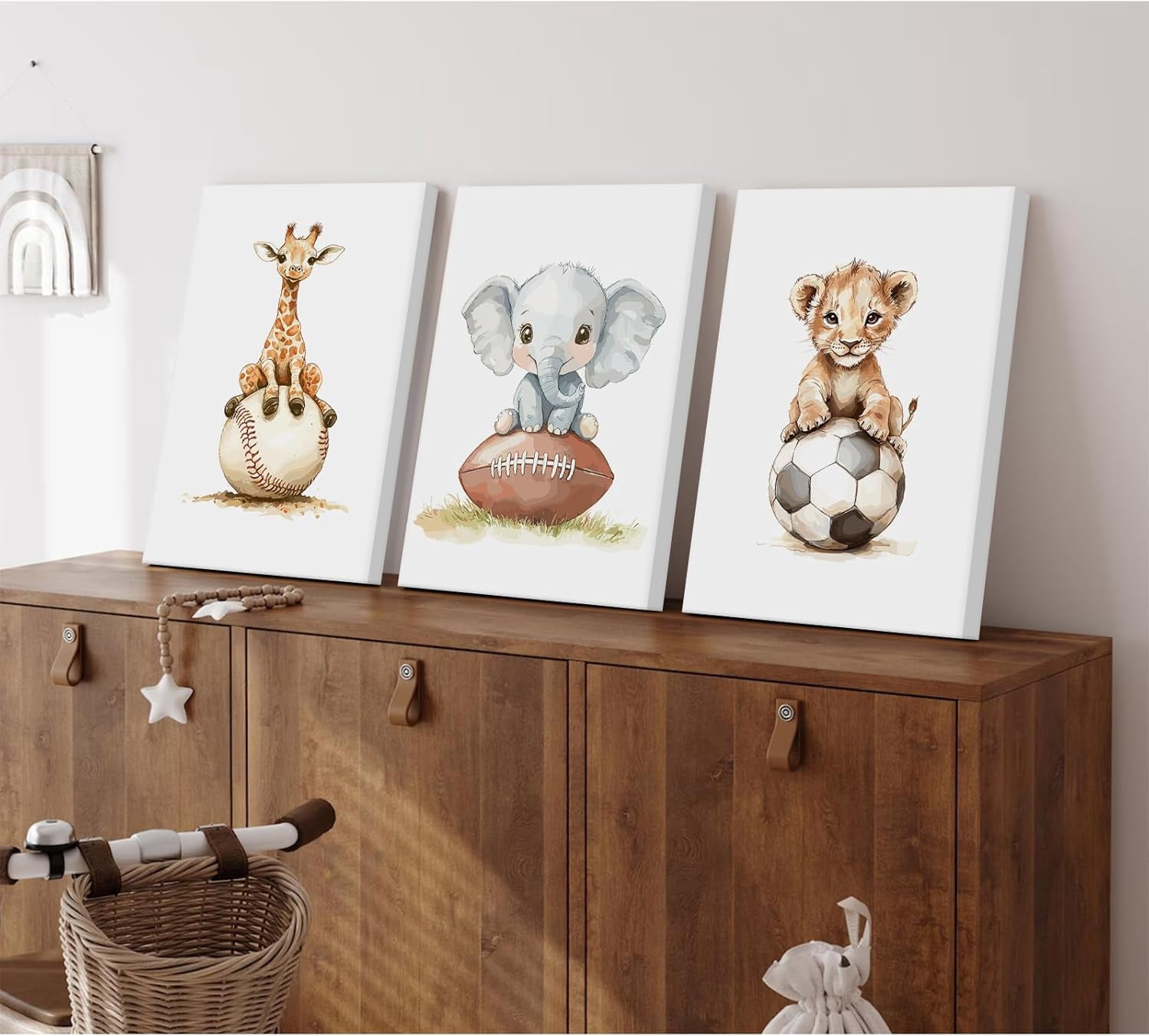 Sports Nursery Wall Art Baby Boys Room Canvas Pictures Safari Animal Wall Decor Jungle Nursery Prints Kids Poster Cute Painting Football Soccer Baseball Artwork for Bedroom 12x16x3 Inch Ready to Hang