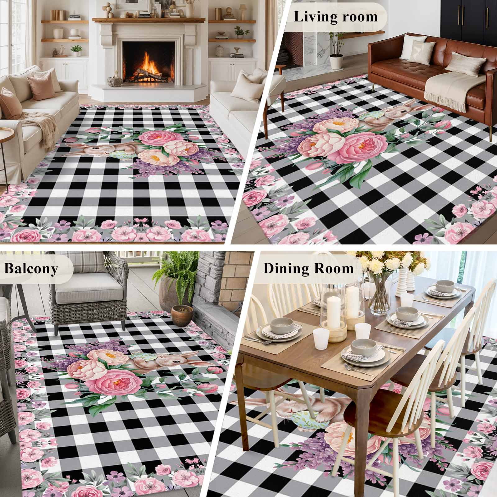 Easter Bunny Roses Area Rugs 6'x9', Washable Small Throw Rugs for Kitchen Dining room, Pink Floral Spring Black Buffalo Plaid Indoor Outdoor Rug Non-Slip Low Pile Carpet Runner Reversible Floor Mats