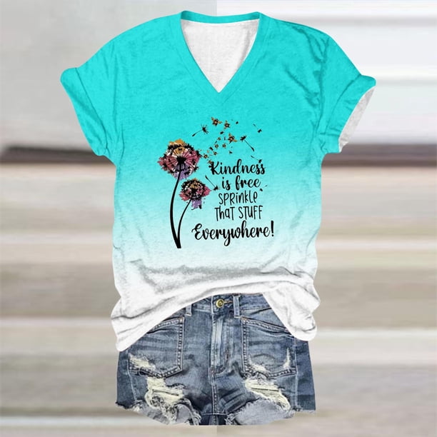 Fiudx Ofertas Del Día Top de Manga Corta con Cuello En V y Estampado Degradado para El Día de La Madre para Mujer
