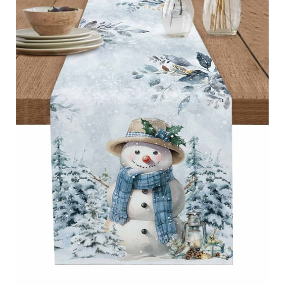 Snowman Blue Christmas Burlap-Cotton Table Runner 90 Inches Long,Botanical Snowflake Xmas Farmhouse Table Runners,Outdoor Dining Tablecloths Decor for Baby Shower Party Wedding 13x90