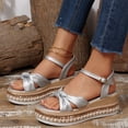 thumbnail image 4 of Women's Retro Bow knot Ankle Buckle Wedges Sandals Adjustable Lace Strap Low Heel Platform Shoes Comfortable Open Toe Wedding Party Dress Sandals, 4 of 5